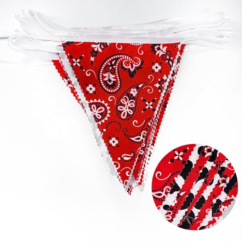 Image of 32Ft Western Cowboy Party Decorations Red Paisley Bandana Pennant Wild West Banner Fabric Triangle Flag Garland Streamers for Western Cowboy Birthday Yee Haw Country Baby Shower Party Decor Supplies
