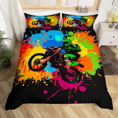 Motocross Bedding Sets For Boys Queen Size Motorcycle Racer Comforter Cover Extreme Sport Tie Dye Duvet Cover Set Dirt Bike Motor Vehicles Biker Quilt Cover 3Pcs For Kids Car Game Room Decor