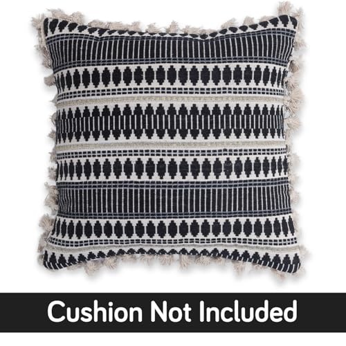 Image of HOKIPO 'Artisan Boho Series' Sofa Cushion Covers | 450 GSM Cotton Acrylic Jacquard | Tassel Design | 22x22 Inch (55x55 cm) | Pack of 2, Charcoal Black (IN-906-A3*2)