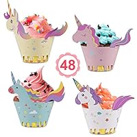 Vabaso Einhorn Cupcake Wrappers Papier 48 Stücke süße Unicorn Muffins Dessert Dekoration Verpackung für Kinder Geburtstag Party, Hochzeit Kuchen Deko