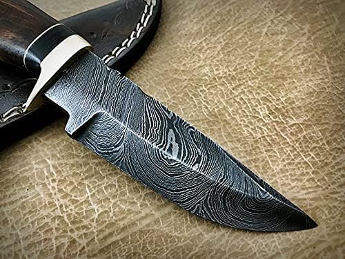 Miniatura 5 de Cuchillo de hoja fija de acero de Damasco con funda de cuero, escala de madera redonda con protector de dedo de latón y tapa, cuchillo de piel de 8