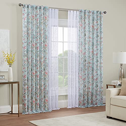 Waverly Porch Pavillion Floral Rod Pocket Or Back Tab Sheer Window Curtain For Living Room (1 Panel), 50 In X 95 In, Aqua #TOP3