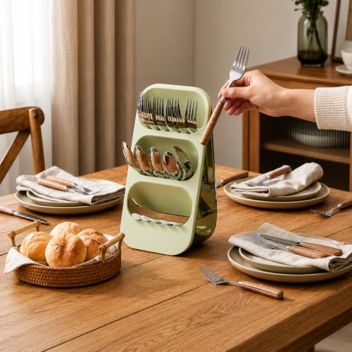 Image of KitchAntique Kitchen Utensil Holder with Drain Tray & Dustproof Cover | 3 Compartment Cutlery Organizer | Self Draining Countertop Storage Rack for Spoons Forks Chopsticks Kitchen Accessories (Green)