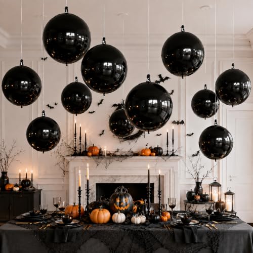 Image of 14 Pcs Black Round Foil Balloons Halloween Black 4D Ball Balloons