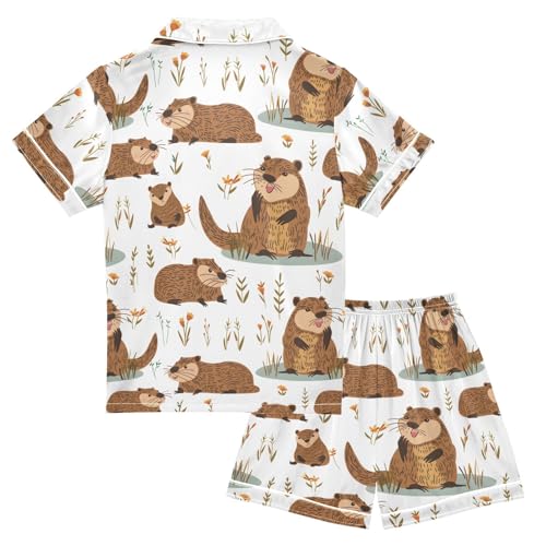 ALAZA Cute Beavers Leaf Blossom Satin Pajamas Set Short Sleeve Button Down Sleepwear Summer Pjs 2 Piece2