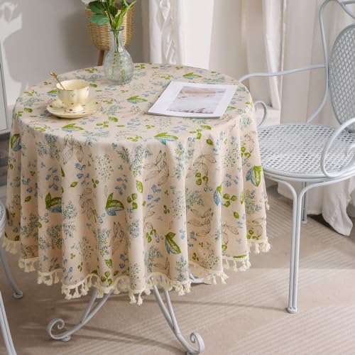 F-CHU Rough Linen Round Tablecloth 60 Inch Green Leaf Pattern Table Cloth with Tassels for Restaurant, Picnic, Indoor and Table Cover Home Decoration（Green