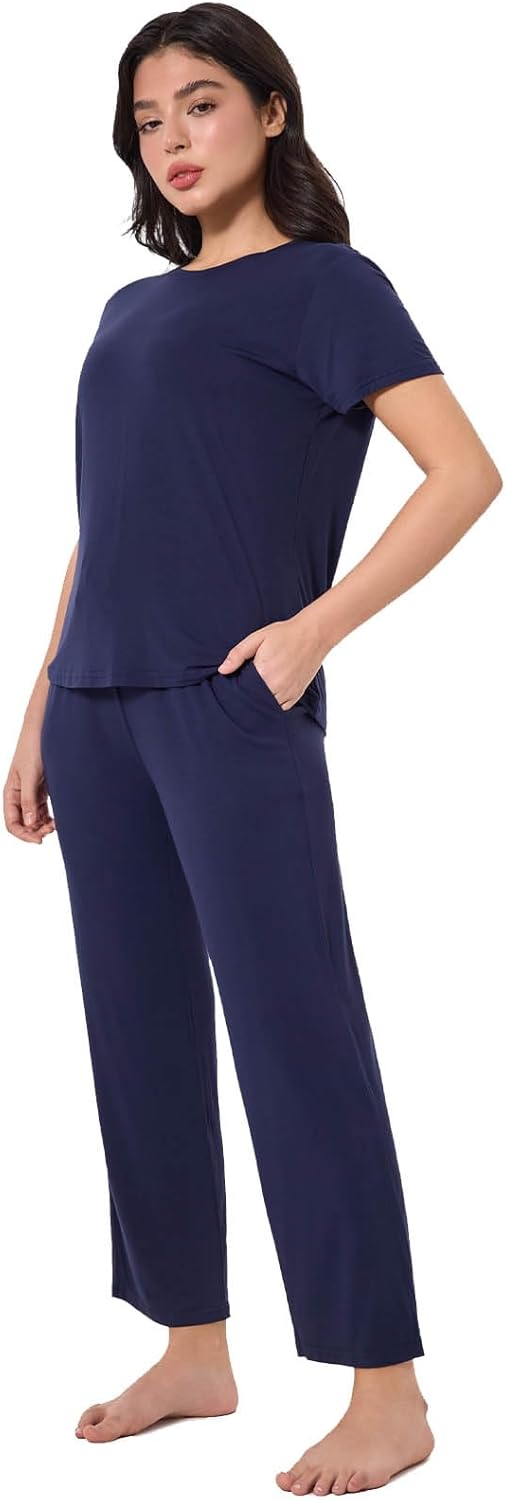 Women's Petite Pajamas Sets Bamboo Viscose Pjs Lightweight Pajama Tops & Pj Pants Set Comfy Sleepwear Cool Loungewear