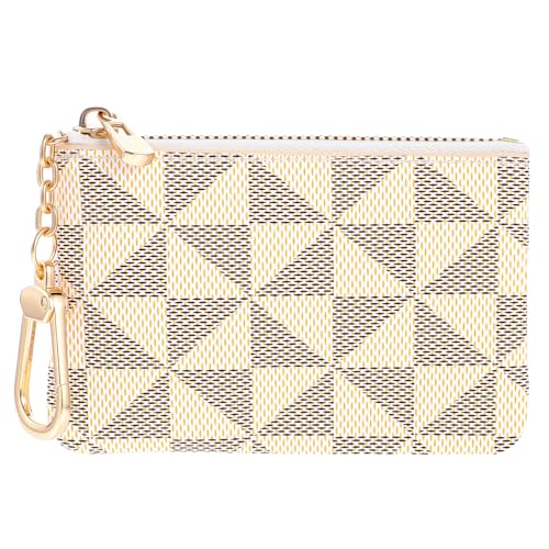 Leather Coin Purse for Women with KeyChain Small Zipper White Change Pouch Card Holder Wallet Fashionable Classic Money Bag with Zip Key Ring