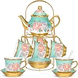 Gandeer 20 Pcs Porcelain Tea Set for Adults with Metal Holder and Spoon European Ceramic Tea Party Set Flower Painting Teapot Cup Saucer for Christmas Women Gifts, Serving 6 People(Modern)