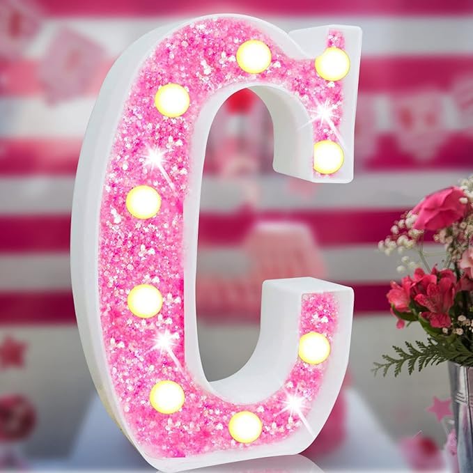 Pink Light Up Letters, Glitter Alphabet Letter Sign Pink LED Marquee Letter Lights Battery Powered for Night Light Girls Bedroom ，Birthday Party (C)
