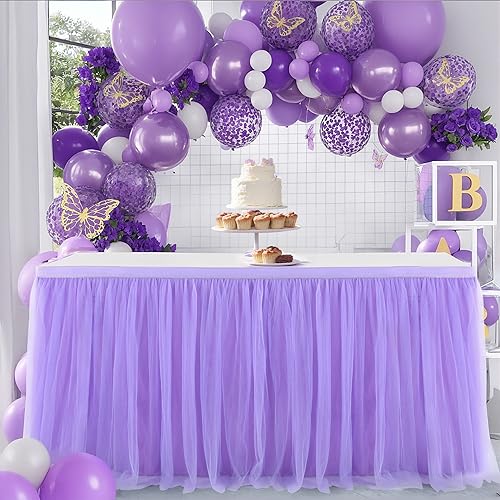 Suppromo Faldón de Mesa Morado de 6 pies para Baby Shower, Falda de Tul tutú Rectangular Morado para Fiestas, Mariposa, Sirena, cumpleaños, Boda, Pastel, Postre, decoración de Falda de Escritorio