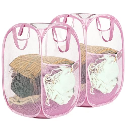 Image of HOUSE AGAIN 2Pack Strong Mesh Pop Up Laundry Hamper, 70L Collapsible Laundry Basket with Steel Frame, Double‑Stitched Handles & Side Pocket, Foldable Dirty Clothes Hamper for Dorm, Bedroom, Light Pink
