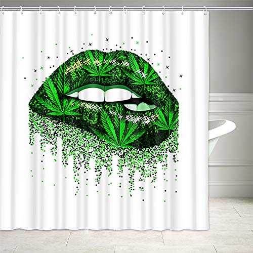 Dynh Girl Lips Shower Curtain, Green Cannabis Weed Leaf Shower Curtain, Women Sexy Lips Marijuana Leaf Hemp Leaf Hippe Shower Curtains, Fabric Bathroom Curtain With Hooks (69"X70") #TOP1