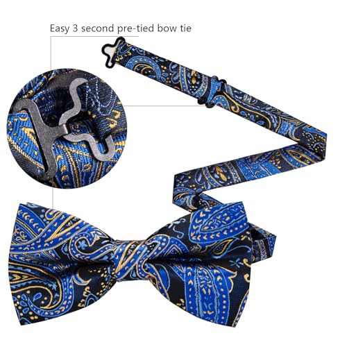 Image of Barry.Wang Paisley Striped Bow Tie for Men Silk Pre-Tied Bowtie Pocket Square Cufflinks Set Formal Wedding Party Prom