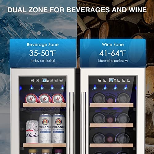 Wine and Beverage Refrigerator, 24 Inch Dual Zone Wine Fridge with Two Safety Locks, Under Counter Wine Cooler Fridge Built-In or Freestanding, Holds 20 Bottles and 57 Cans (Double Glass Door)