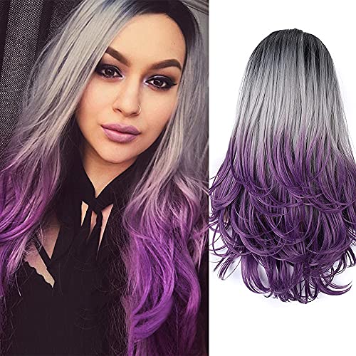 NC Grey Purple Wigs for Women Long Wavy Synthetic Wig Black Gradient Purple Wig Natural Looking Curly Wig Heat Resistant Suitable for Women Party and Daily Use (Purple)