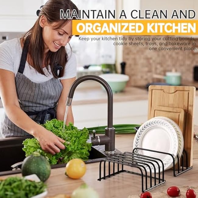 Kitchen Cutting Board Organizer Rack, 5-Slot Storage Holder for Boards, Bakeware, Cookie Sheets (1pc Black)