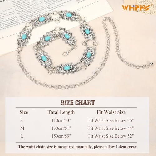 Image of WHIPPY Western Metal Concho Belt for Women Vintage Cowgirl Boho Turquoise Chain Belts for Dresses Jeans