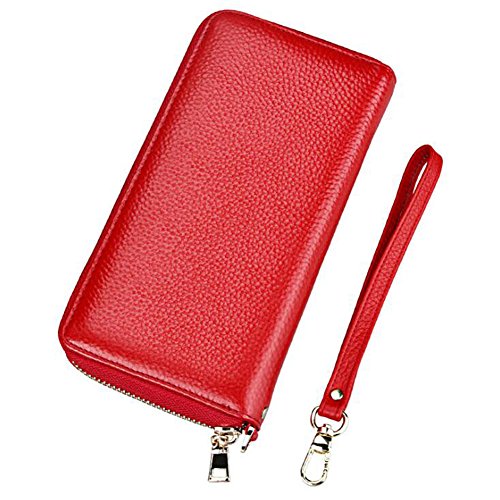 DcSpring Cartera Piel Genuino Carteras de Mano Clutch Elegante Tarjetero de Crédito Grande Cremallera para Mujer (Rojo)