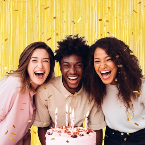 Image of DECOCKRAT 3 Pack Foil Fringe Backdrop - Pastel Yellow Shiny Tinsel Curtains for Party Decoration /Photo Booth Props - 3.3x8.2 FT Metallic Foil Backdrop for Birthday, Wedding, Graduation, Christmas.