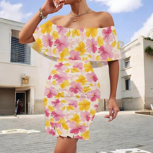 Image of PinkPatty Summer Mini Dress for Women Off Shoulder Ruffled Bodycon Dresses Short Beach Sundress