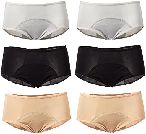 Period Panty - Set of 6 Menstrual Underwear Sanitary Protective Briefs, Leak Proof Period Underwears, Women, Black, Gray, Beige, S