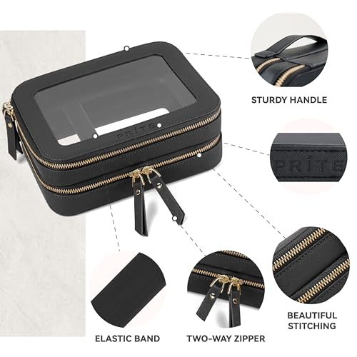 Prite Clear Makeup Bags Double Layer Cosmetic Bags with a Separate Brush Compartment Travel Makeup Bag for Women Travel Accessories Organizer for Purse(Black)4