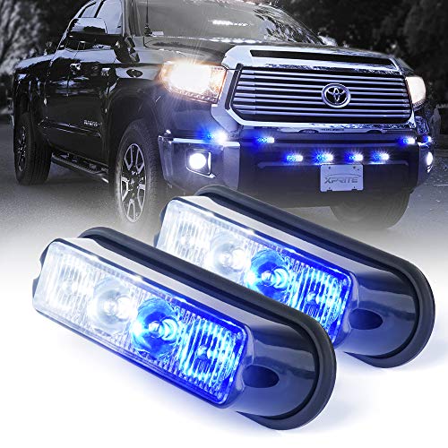 Xprite White & Blue 4 LED 4 Watt Emergency Vehicle Waterproof Surface Mount Deck Dash Grille Strobe Light Warning Police Light Head with Clear Lens - 2 Pack