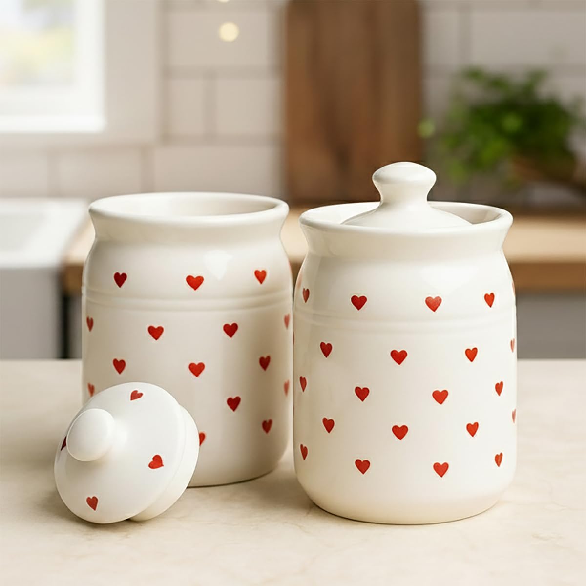 D'Maiolica Ceramic 1000ml Handmade Pickle Jars (set of 2) | Handpainted Heart 1 kg Ceramic Storage Containers | Kitchen Jars for Salt (Set of 2) | Jars for Achar, Spices, Salt (Red HandPainted Heart)