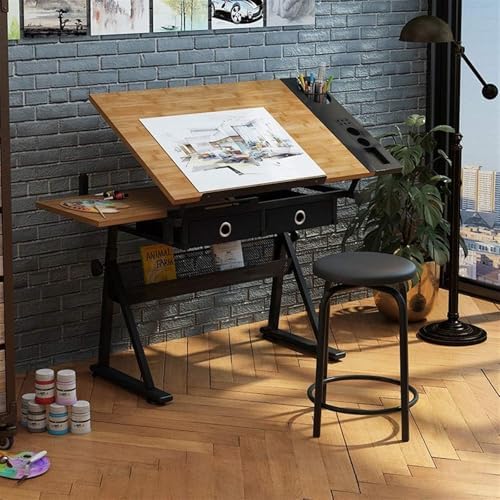 Extra Large Drafting Desks, Standing Tilt Study Table Drafting Craft Table W/2 Drawers, Height Adjustable Tiltable Art Desk, Ultimate Drafting Station for Home Office & Studio