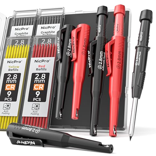 Nicpro 2 Pack Carpenter Pencils with Sharpener, CP3000 Mechanical Carpenter Pencils with 38 Refills, Heavy Duty Construction Pencil, Woodworking Tools for Architect Marking (Black, Red) - With Case