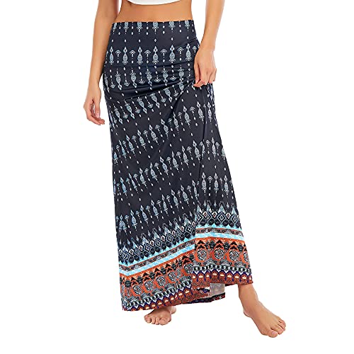 Image of Zando Long Skirts for Women Casual High Waisted Maxi Skirt Trendy Dresses Workout Stretchy Flared Black Skirt for Girls, Blue Orange Floral, Large