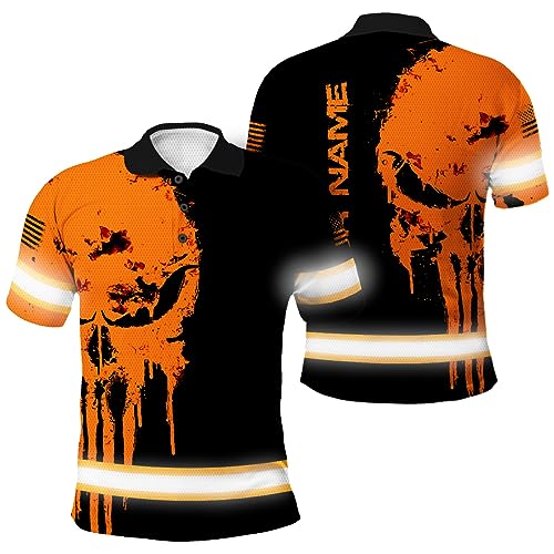 Maddly Hi Vis Polo Shirt Reflective Orange Neon Skull US Flag Custom Name Safety Workwear for Workers, Runners, Cyclists, Trucker, Operator, Patriotic-2XL