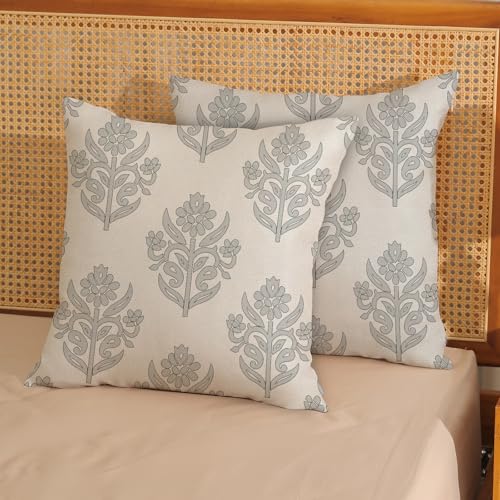 Gloteery Floral Block Print Throw Pillow Covers 18x18 Inch 2 Pcs Boho Vintage Grey Flower Decor Pillow Covers Spring Summer Outdoor Seasonal Decorative Pillowcase Linen Cushion Cover for Couch Sofa — view 2