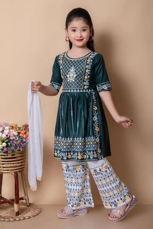 Image of Girls Traditional Embroidered Kurta Palazzo Set, Green and White, Floral Design, Half Sleeves