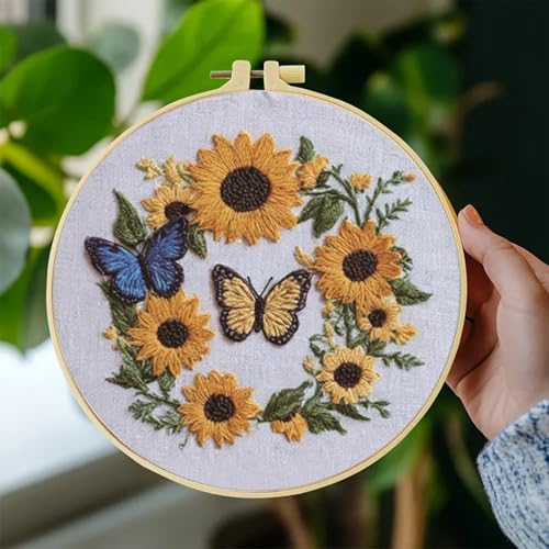 Image of Huacan Embroidery Kit for Beginners Adults Includes Stamped Sunflower Pattern, Hoop, Color Threads,Tools,Easy to Follow Instruction