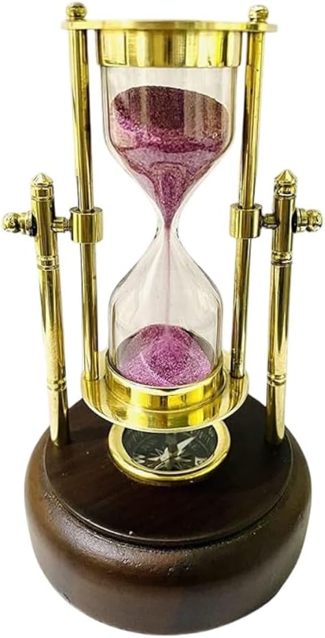 Handcrafted Hourglass Brass Purple Sand Timer Antique Finish Nautical Sand Timer with Wooden Compass Base for Home & Office Desk Decor (5 Min)