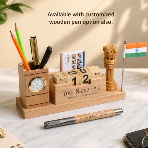 Image of Deskart Customized Multipurpose Pen Holder Stand with Ashok Stambh and Indian National Flag | Premium Wooden Desk Organizer for Office and Occassional Gifting