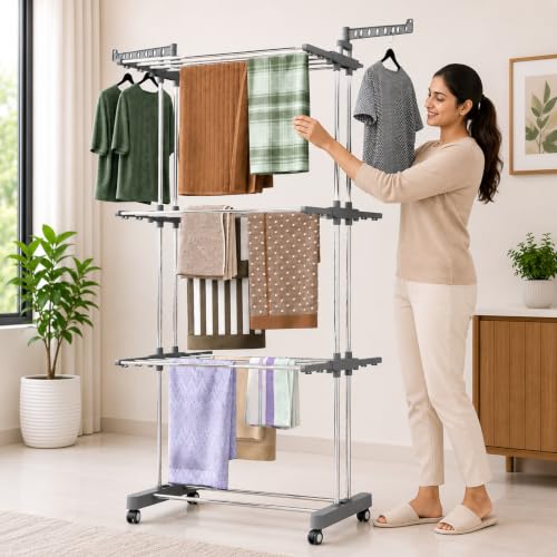 Image of TEKCOOL Foldable Cloth Drying Stand Stainless Steel - 3 Tier Heavy-Duty Clothes Dryer for Balcony, Indoor & Outdoor Use | with Wheels & Hanger Slots | Rust-Proof Laundry Rack (Grey, 3 TIRE)?.