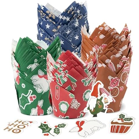 Bake Choice 200 Pcs Christmas Tulip Cupcake Liners with 24 Pcs Cupcake Toppers, Christmas Cupcake Liners, Tulip Cupcake Liners for Baking, Standard Tulip Muffin Liners for Christmas Holiday Cover