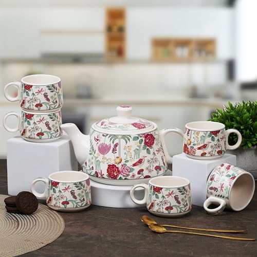 CRAF10 Ceramic Blossom Breeze Tea Morning Set - 1 Kettle (1 Litre) & 6 Cups (160 ML) | Microwave & Dishwasher Safe | Teapot | Tea Sets with Kettle for Gifting