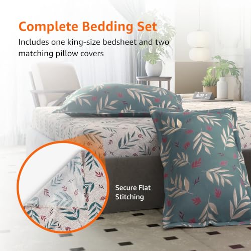Image of Amazon Basics - 100% Cotton Flat Bedsheet | 144TC |King Bed Sheet with 2 Pillow Cover|Soft Cotton | Floral Leaf | 90 Inch x 108 Inch, Grey