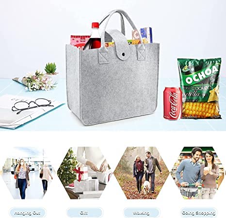 Image of Felt Fabric Reusable Shopping Bag with Handle & Button Closure for Grocery, School, Beach, Travel, Study, Gym, Gifts | Size - 30x34.5x17.8cm