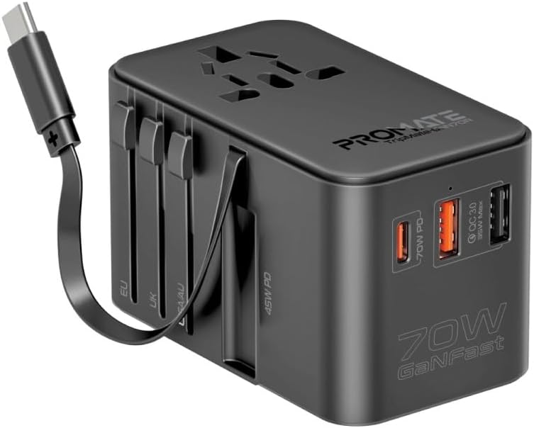 iPhone 17 Travel Adapter, Universal Grounded Power Adapter with 1840W AC Socket, 20W USB-C Power Delivery Port, 15W USB-C Port, 3 USB Ports, TRIPMATE-GAN70R