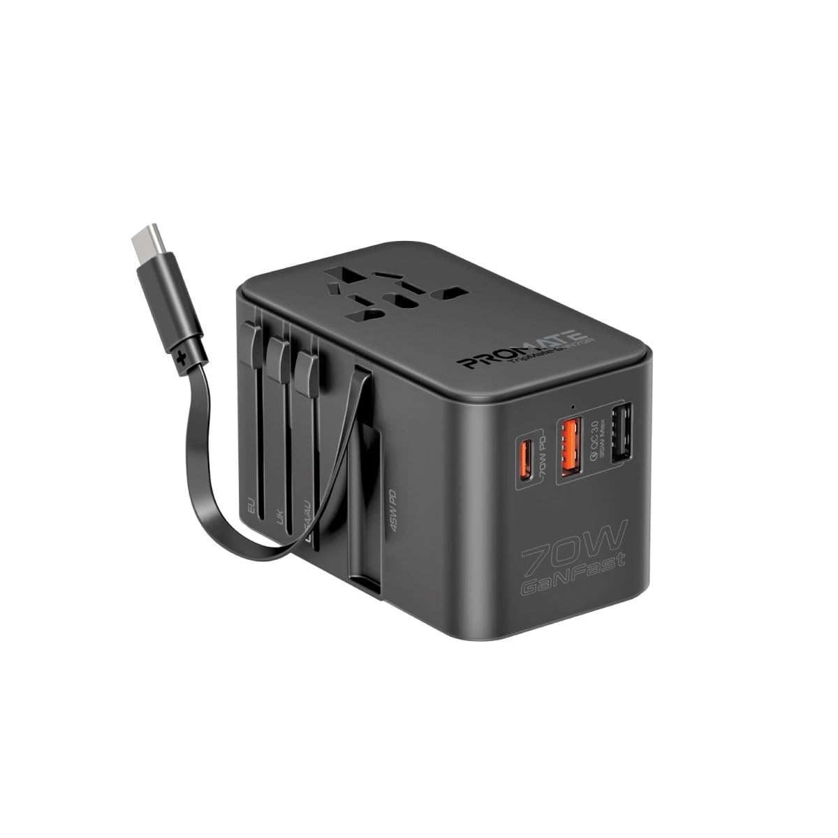 Promate iPhone 17 Travel Adapter, Universal Grounded Power Adapter with 1840W AC Socket, 20W USB-C Power Delivery Port, 15W USB-C Port, 3 USB Ports, TRIPMATE-GAN70R
