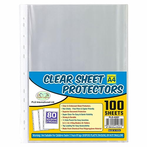 A4 Strong Glass Clear Plastic Punched Pockets Filing Folders 80 Micron Heavy Duty Sheet Protector Wallet Document File Binder Poly Pockets Transparent Polly Wallet Home School Office (100)