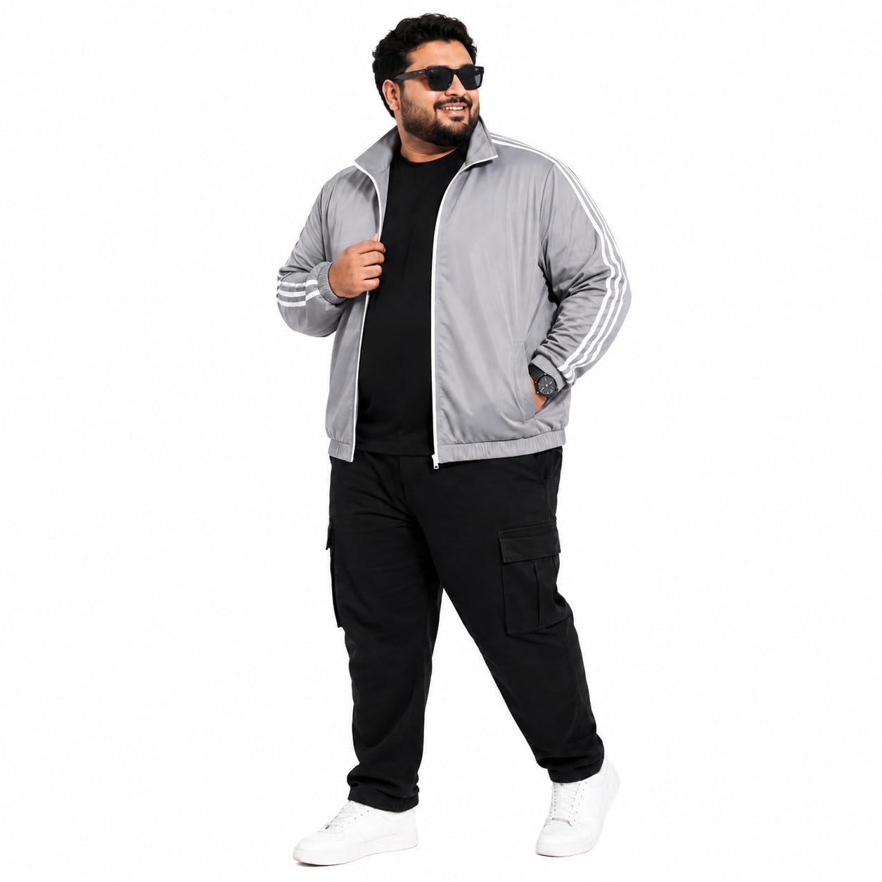 Men's Plus Size Grey Track Jacket with White Stripe Detail-picture-44