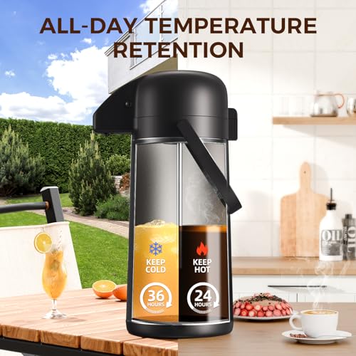 Image of Coffee Carafe for Keeping Hot - Gezoss 102OZ / 3L Airpot Coffee Dispenser with Pump - Large Coffee Carafe for Hot Drinks Tea Liquid - Insulated Stainless Steel Hot Water Beverage for Parties,Black