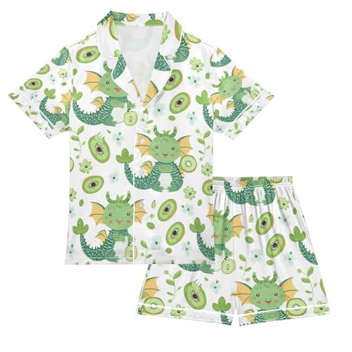 senya Cute Kiwi Dinosaurs Satin Summer Pajama Sets Silk Short Sleeve Button Down Sleepwear