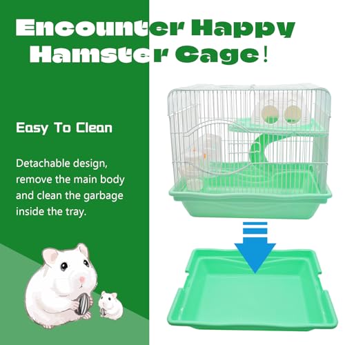 Image of 2-Tier Portable Hamster Cage and Habitats,Travel Metal Mouse Cages with Free Water Bottle,Houses and Exercise Wheel for Any Breed of Hamster and Small Animal (14.6x11.0x11.8inch Green)